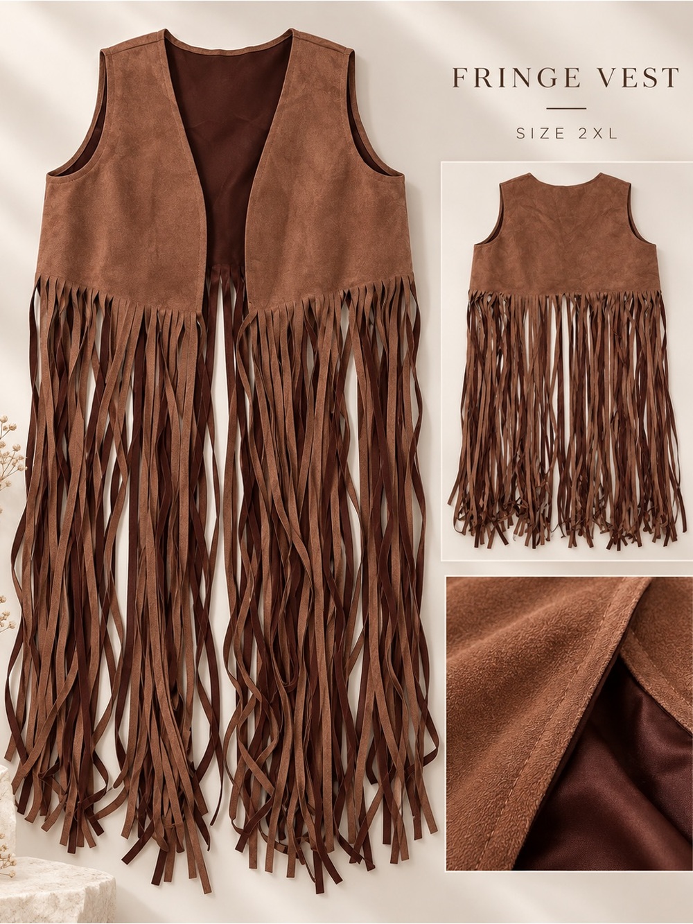 SHEIN Brown Suede-Look Fringe Vest